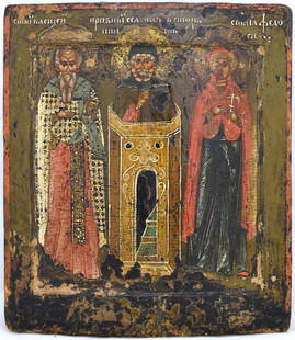 Saints Basil, Silouan Stylite, Fedosiya: Saints Basil, Silouan Stylite, Fedosiya. Russian wooden icon. Dimensions: 28.5 × 32 cm Century: 17-18" Reserve: $6,800.00 Shipping:Domestic: Flat-rate of $50.00 to anywhere within the