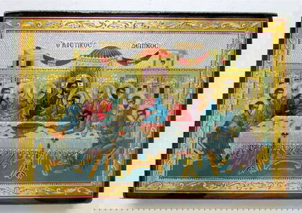 GREEK ORTHODOX ICON of LAST SUPPER on GOLD Byzantine reproduction: New, not an antique. Size 5 x 7" Perfect condition. Reserve: $28.00 Shipping: Domestic: Flat-rate of $25.00 to anywhere within the contiguous U.S. International: Foreign shipping rates are determined