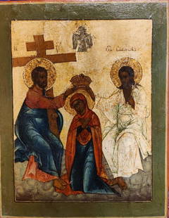 ANTIQUE 18c RUSSIAN HAND PAINTED ICON THE CORONATION OF MOTHER OF GOD: 18c ANTIQUE RUSSIAN ICON OF THE CORONATION OF MOTHER OF GOD FROM PRIVATE COLLECTION. SIZE : 22,5 x 18 cm Reserve: $1,895.00 Shipping: Domestic: Flat-rate of $35.00 to anywhere within the contiguous