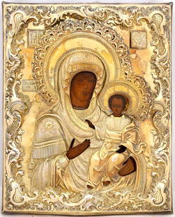 Our Lady Hodegetria of Smolensk: Our Lady Hodegetria of Smolensk “Smolenskaya”. Russian wooden icon in silver oklad, stamped 84. Dimensions: 27 × 33.5 cm Century: 19" Reserve: $4,200.00 Shipping: Domestic: Flat-ra