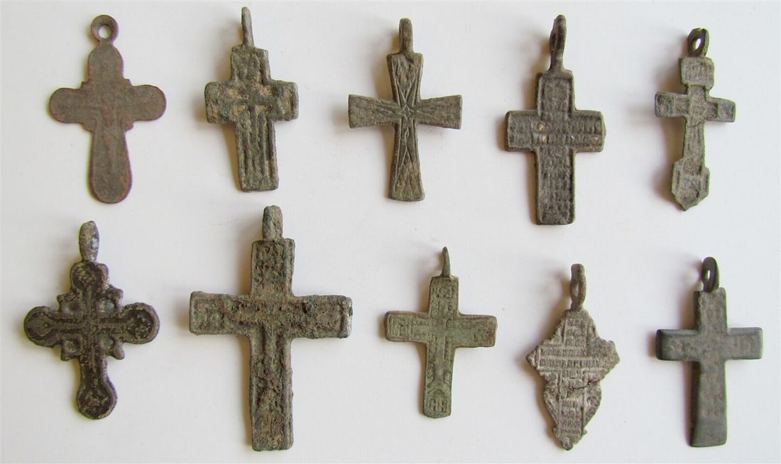 RUSSIAN orthodox icon NECK CROSSES LOT of 10 antique 18th - 19th century (1 of 2)