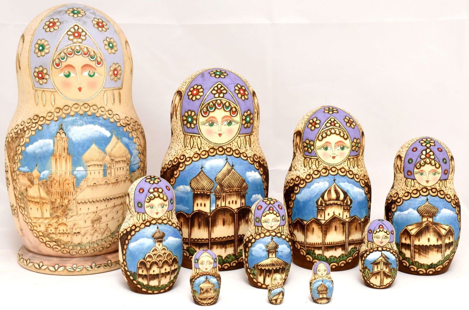 Matreshka: Matreshka. Traditional russian wooden nesting doll. Hand made, hand painted with artist’s signature. Sergiyev Posad, 10 pcs. Dimensions: 12 × 23 cm" Reserve: $160.00 Shipping: Domestic: Fla