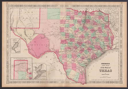 Johnson's New Map of the State of Texas, Johnson & Ward, 1865: Lovely example of Johnson and Ward's highly desirable 1865 map of Texas. Because of the high acidity in the paper used by the firm's publishers, Johnson maps can often contain large dark sulfide spots