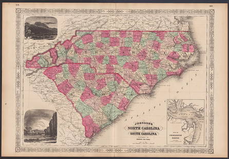 Johnson's RR map of N. and S. Carolina, 1865: A beautiful example of Johnson and Ward's 1865 map of North Carolina and South Carolina. Since the map appears to be the same as A. J. Johnson's 1863 version, it offers a fascinating snapshot of these