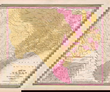 Scarce 1845 Mitchell map of Texas with Tanner borders: Extremely scarce 1845 C. S. Williams map of the Republic of Texas from a true first edition of Mitchell's 1846 New Universal Atlas, showing the Carey & Hart decorative borders, which are not found in