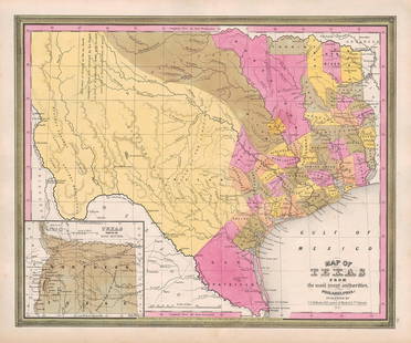 Scarce 1845 Mitchell map of Texas with Tanner borders: Extremely scarce 1845 C. S. Williams map of the Republic of Texas from a true first edition of Mitchell's 1846 New Universal Atlas, showing the Carey & Hart decorative borders, which are not found in