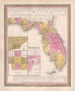 Scarce 1846 true 1st ed. map of Florida showing Carey & Hart borders: Hard-to-find map from Samuel Augustus Mitchell's true first edition of his New Universal Atlas shows the first two railroads in Florida, the Tallahassee Railroad and the Lake Wimico and St. Joseph