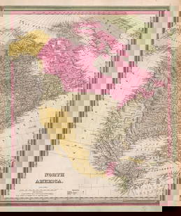 Important transitional 1836/46 Burroughs map of N. America: Important and rare true first edition example of map of North America by S. Augustus Mitchell and H. N. Burroughs. Texas is shown in its largest appearance, extending north to the Arkansas River and w