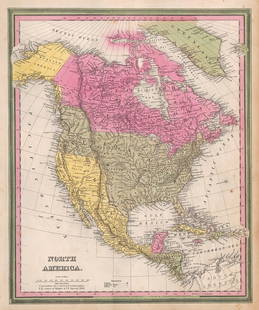 Important transitional 1836/46 Burroughs map of N. America: Important and rare true first edition example of map of North America by S. Augustus Mitchell and H. N. Burroughs. Texas is shown in its largest appearance, extending north to the Arkansas River and