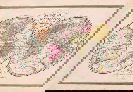 Scarce 1846 true 1st ed. Map of the World by S. Augustus Mitchell: Lovely and scarce map of the world from a true first edition of S. Augustus Mitchell's 1846 New Universal Atlas. Map is filled with myriad details, including major rivers, cities and countries. Also s