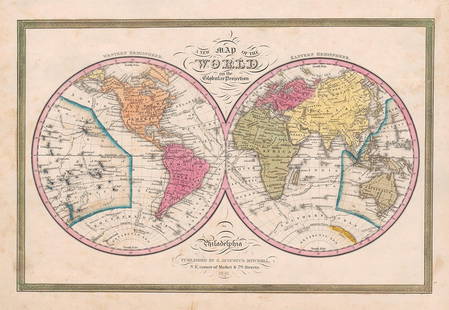 Scarce 1846 true 1st ed. Map of the World by S. Augustus Mitchell: Lovely and scarce map of the world from a true first edition of S. Augustus Mitchell's 1846 New Universal Atlas. Map is filled with myriad details, including major rivers, cities and countries. Also