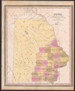 Scarce map of Iowa from true 1st ed. 1846 Mitchell atlas: Scarce map of the state showing Carey & Hart decorative borders from the true first edition of Samuel Augustus Mitchell's 1846 New Universal Atlas. When he published the second printing of the atlas