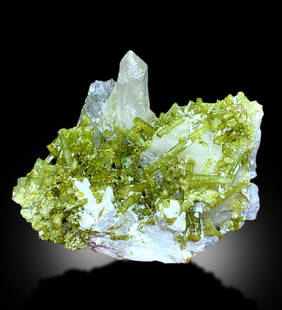Green Tourmaline Crystals Cluster with Pollucite and Quartz From Chapu Mine Skardu Pakistan - 892: Materials: Gem type: Tourmaline Green Tourmaline Crystals Cluster with Pollucite and Quartz From Chapu Mine Skardu Pakistan Specimen contains cluster of green tourmaline. Crystals have excellent color