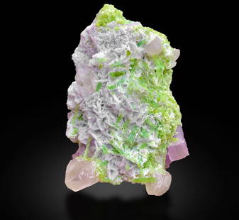 Natural Fully Terminated Green Tourmaline Cluster w/ Kunzite & Quartz Specimen: Treatment: None Condition: Natural Name: Tourmaline, Kunzite, Quartz Color: Green, Pink Weight: 637 grams Size: 130x60x60 m.m Origin: Afghanistan Shape: Specimen Reserve: $1,300.00 