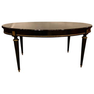 Louis XVI Jansen Style Center or Dining Table Black Lacquer Steinway Finish: Title: Louis XVI Jansen Style Center or Dining Table Black Lacquer Steinway FinishDescription: Louis XVI Jansen style center or dining table in a black lacquer Steinway piano finish. Part of our