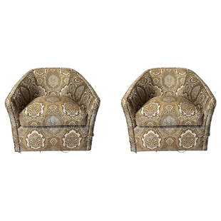 Pair of Vintage Modern Swivel Tub Chairs, Scalamandre Upholstered: Title: Pair of Vintage Modern Swivel Tub Chairs, Scalamandre UpholsteredDescription: A pair of Vintage Kagan style arm or lounge swivel tub chairs. The pair comfortable and strudy each having metal