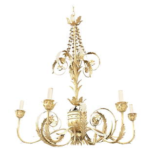 Italian Gilt Metal Chandelier having Six Lights: Title: Italian Gilt Metal Chandelier having Six LightsDescription: An Italian gilt metal chandelier having six lights. The base having flowing roses and vines on a solid center stem.Details: