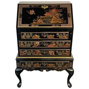 Chinoiserie Slant Front Writing Desk / Cabinet, Chinese Motif, Slant Front: Title: Chinoiserie Slant Front Writing Desk / Cabinet, Chinese Motif, Slant FrontDescription: Chinoiserie Slant Front Writing Desk / Cabinet, Chinese Motif A Decorative Slat Front Desk in the