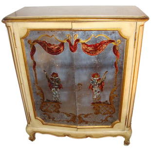 Maison Jansen Verrne Eglomise and Painted Cabinet Commode: Title: Maison Jansen Verrne Eglomise and Painted Cabinet CommodeDescription: A French Maison Jansen églomisé and painted cabinet commode. A fine Louis XV style cabinet by this highly sought