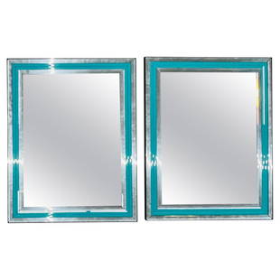 Pair of Art Deco Wall, Mantle or Console Mirrors with Turquoise Beveled Frames: Title: Pair of Art Deco Wall, Mantle or Console Mirrors with Turquoise Beveled FramesDescription: Pair of Art Deco Wall, Mantle, Console or Pier Mirrors with Turquoise Beveled Frames inside Clean