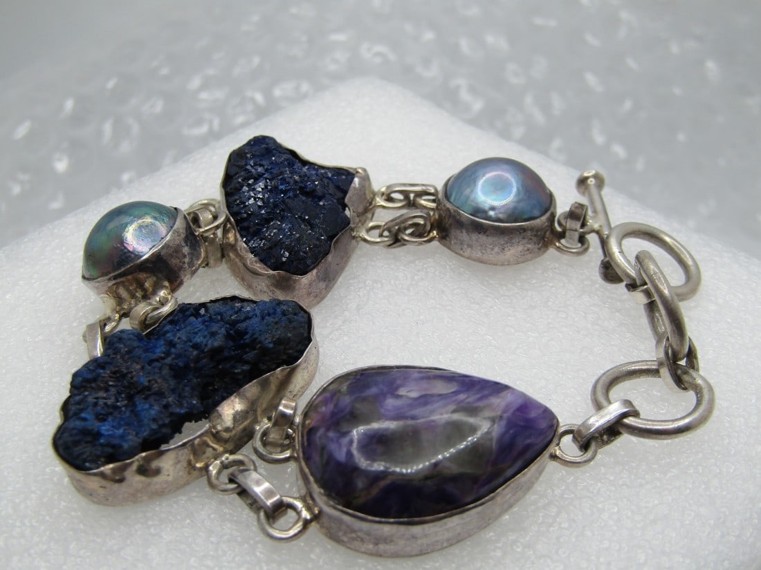 Vintage Sterling Blue Rock, Charoite,  Tahitian Pearl Bracelet, Toggle, 8" (1 of 6)