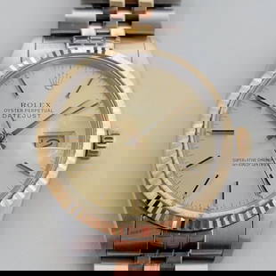 Mens Rolex Datejust 16013 36mm 18k Rose Gold SS Automatic 1980s w Paper RA339: Timeless icon, Men's rare 18k gold and stainless steel Rolex Oyster Perpetual Datejust Ref.16013 tricolor automatic, c.1985, all original. Verified authentic by a master watchmaker. Gorgeous Rolex sig