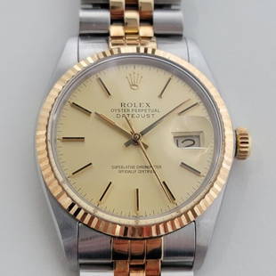 Mens Rolex Datejust 16013 36mm 18k Rose Gold SS Automatic 1980s w Paper RA339: Timeless icon, Men's rare 18k gold and stainless steel Rolex Oyster Perpetual Datejust Ref.16013 tricolor automatic, c.1985, all original. Verified authentic by a master watchmaker. Gorgeous Rolex sig