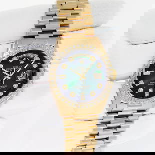 Rolex Mens Day-Date 36mm President 18K Yellow Gold Green Diamond Bezel Watch: BRAND : Rolex MODEL : Rolex Mens Day-Date CASE MATERIAL : 18K Yellow Gold DIAL : Custom Green Vignette Dial Set With Genuine Round Diamond Hour Markers BEZEL : Custom 18K Yellow Gold Bead-Set Bezel Se
