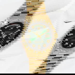 Rolex Mens Day-Date President 18K Yellow Gold Green Diamond Bezel Watch: BRAND : Rolex MODEL : Rolex Mens Day-Date CASE MATERIAL : 18K Yellow Gold DIAL : Custom Green Vignette Dial Set With Genuine Round Diamond Hour Markers BEZEL : Custom 18K Yellow Gold Pyramid Bezel Set
