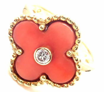 Authentic! Van Cleef & Arpels Alhambra 18k Yellow Gold Coral Diamond Ring Cert: Authentic! Van Cleef & Arpels Alhambra 18k Yellow Gold Coral Diamond Ring Cert Authentic! Van Cleef & Arpels Alhambra 18k Yellow Gold Coral Diamond Ring Cert Product Description About This