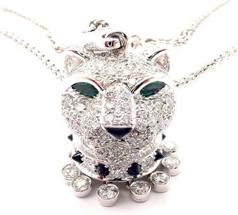 Panthere de Cartier Panther 18k Gold Diamond Emerald Onyx Pendant Necklace Cert.: Panthere de Cartier Panther 18k Gold Diamond Emerald Onyx Pendant Necklace Cert. Panthere de Cartier Panther 18k Gold Diamond Emerald Onyx Pendant Necklace Cert. Product Description About This