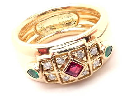 Authentic! Cartier Byzantine 18k Yellow Gold Diamond Ruby Emerald Band Ring: Authentic! Cartier Byzantine 18k Yellow Gold Diamond Ruby Emerald Band Ring Authentic! Cartier Byzantine 18k Yellow Gold Diamond Ruby Emerald Band Ring Product Description About This Piece: Metal: 18k