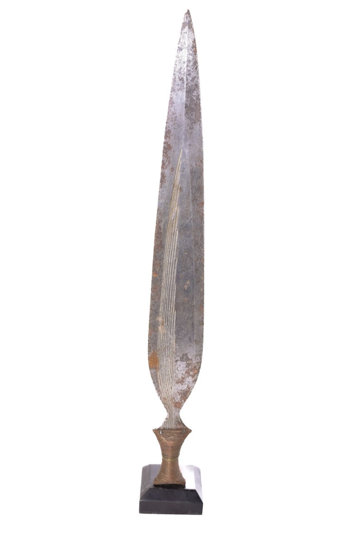 Sword - Mongo - Metal, Copper, Leather - DR Congo: Authentic sword from the Mongo tribe of DR Congo with beautiful blade. The distinctive two-part hilt is characteristic of Mongo knives. Knives, axes, currency blades and spears, all made of forged iro