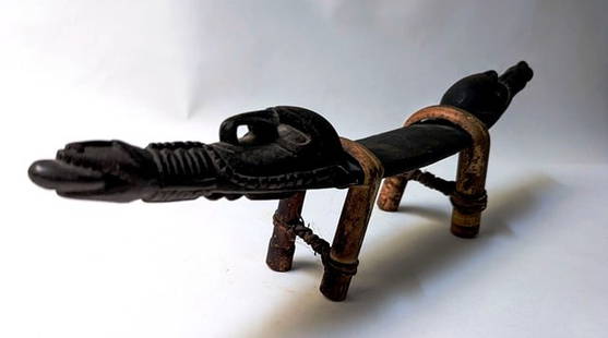 Oceanic Sepik River, Papua New Guinea (PNG) Headrest: Title: Oceanic Sepik River, Papua New Guinea (PNG) Headrest Date/Period: 1930's to 1960 Materials: Wood and cane Size: 21 inches approximately Condition: very good. Slight stable cracks on each masque