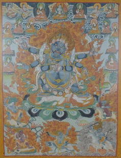 19c TIBETAN THANGKA dharmapala MAHAKALA: 19th century framed Tibetan thangka depicting six-armed Mahakala - an emanation of Boddhisattva Avalokiteshvara and the leader of the dharmapalas (Defenders of the Buddhist Law). His name means “