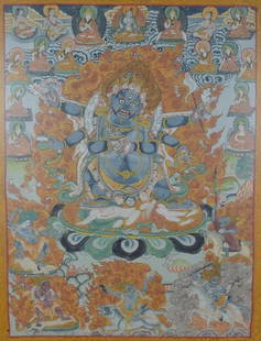 19c TIBETAN THANGKA dharmapala MAHAKALA: 19th century framed Tibetan thangka depicting six-armed Mahakala - an emanation of Boddhisattva Avalokiteshvara and the leader of the dharmapalas (Defenders of the Buddhist Law). His name means