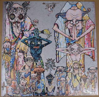 Limited edition 127/300 signed TAKASHI MURAKAMI print CLAIRVOYANCE: Limited edition Takashi Murakami offset lithograph print with silver on paper “Clairvoyance” depicting numerous lohans - the ones who have followed the Eightfold Path and achieved delivera