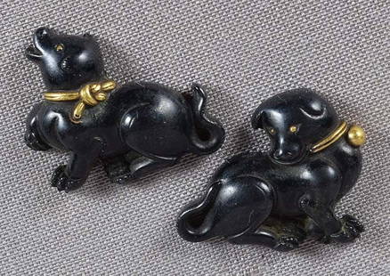 Pair 19c Japanese sword SHAKUDO MENUKI PUPPIES: Pair of early 19th century menuki - Japanese sword fittings - each depicting a puppy with collar in different attitude. Superbly beautiful shakudo with characteristic black surface, crisp casting and