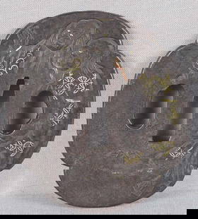 Large 18c Japanese sword TSUBA Kanzan and Jittoku: 18th century good size iron Japanese sword tsuba with decoration of Kanzan and Jittoku in conversation According to a legend, Kanzan and Jittoku lived in a kitchen of a Chinese Zen Buddhist monastery