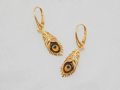 Natural Baltic Amber 14K Gold Plated Peacock Feather Earrings: Title: Natural Baltic Amber 14K Gold Plated Peacock Feather Earrings Additional Information: These exquisite Peacock feather earrings are hand-crafted from 14K gold-plated sterling silver and natural