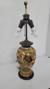 Vintage Table Lamp Satsuma Pottery Gold Gilt & Polychrome Immortals Japan: Vintage from the 1930s Materials: Ceramic, wood Width: 7 inches Height: 25 inches Depth: 7 inches Description Vintage Table Lamp Satsuma Pottery Gold Gilt & Polychrome Immortals Japan In good