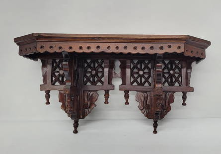 Antique Wood Wall Shelf Ornate Wood Cut Out Vintage Victorian Style: Vintage from the 1940s Materials: wood Width: 19 inches Height: 9.25 inches Depth: 6.5 inches Description Antique Wood Wall Shelf Ornate Wood Cut Out Vintage Victorian Style In good condition with min