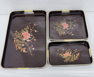 Vintage asian set 3 nestled serving trays vanity coffee table lacquered oriental design holder: Vintage from the 1990s Materials: wood Width: 10.5 inches Height: 11 inches Length: 1 inches Description Vintage Asian Set 3 Nestled Serving Trays Vanity Coffee Table Lacquered Oriental Design Holder