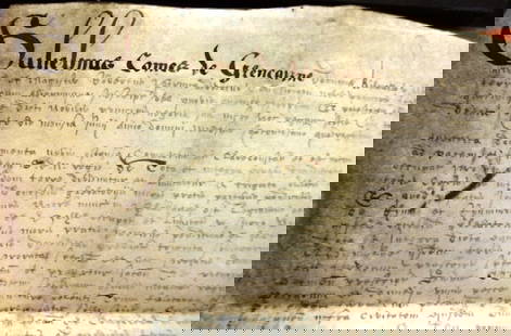 1642 Scottish Vellum Signed by Earl and Robert Bruce: A vellum manuscript in Latin dated 1642 from Scotland pertaining to the Earl of Glencairn. In Latin with several signatures lower right area including Glencairn and under the gutter W Robert Bruce. La