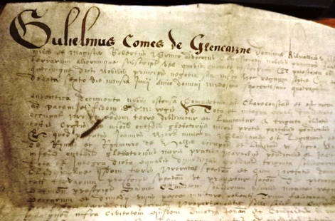 1642 Scottish Vellum Signed by Earl and Robert Bruce: A vellum manuscript in Latin dated 1642 from Scotland pertaining to the Earl of Glencairn. In Latin with several signatures lower right area including Glencairn and under the gutter W Robert Bruce.