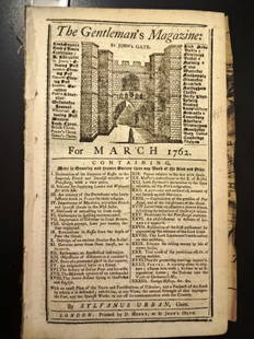 1762 Magazine Surrender Fort Royal Plan of Gibraltar: The March 1762 issue of "Gentleman's Magazine", printed at London by Sylvanus Urban. 52 pages. Features a large folding plan of Gibraltar with accompanying article showing fortifications there. Also