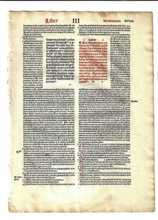 1501 Law Leaf Canterbury Lynewood: A leaf from "Provinciale Seu Constitutiones Anglie", by William Lyndewood, printed at Paris by Andre Bocard in 1501. In red and black, the leaf with Ecclesiastical laws established at Canterbury in th