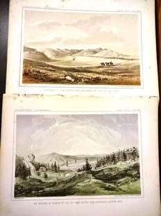 1860 Four Tinted Lithographs American West: Four tinted lithographs, three showing landscapes of the American West including an Indian camp, and another of Toro Mucho, a Kioway Indian chief. All printed by Sarony and Co., New York, 1860. Fine