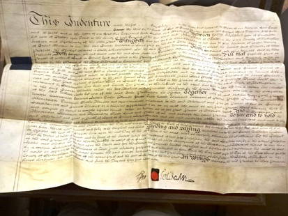 1791 English Vellum Red Wax Seal Nottingham: Large English vellum indenture dated 1791 during the reign of George III being the conveyance of property in Clarbrough in the county of Nottingham, Beautifully penned thoughout with blue revenue stam