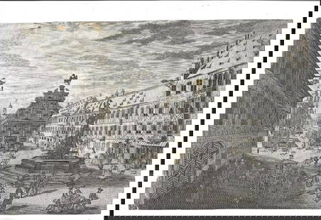 1750 Large Engraving German Town Square: A large engraving of a German town square with citizen life including coaches and tradespeople. Circa 1750. Very Good, trimmed, measures 16 x 10". Reserve: $40.00 Shipping: Domestic: Flat-rate of $10.